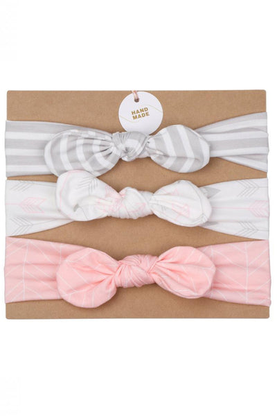 Stretchy grow-with-me set of three coordinating infant headbands with center bow, Gray  and white stripe, pink chevron, white and pink arrow.