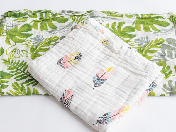 Forest and Feathers muslin cotton swaddle set. Set of two cotton swaddles.